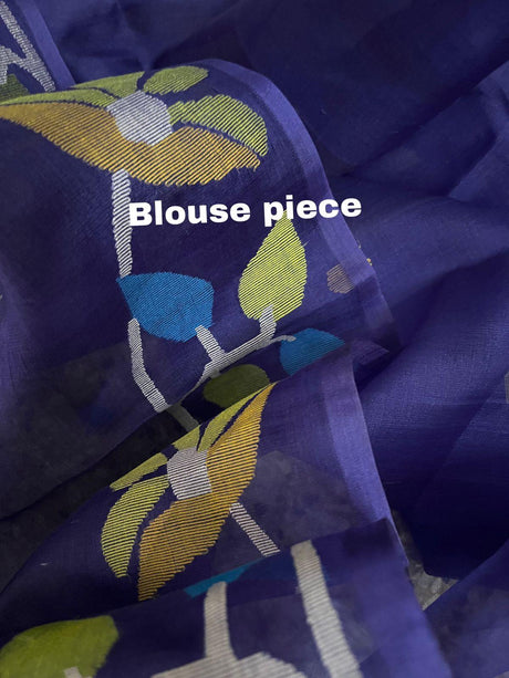 Indigo with multicolour muslin silk floral handwoven jamdani saree - Tamal Boutique