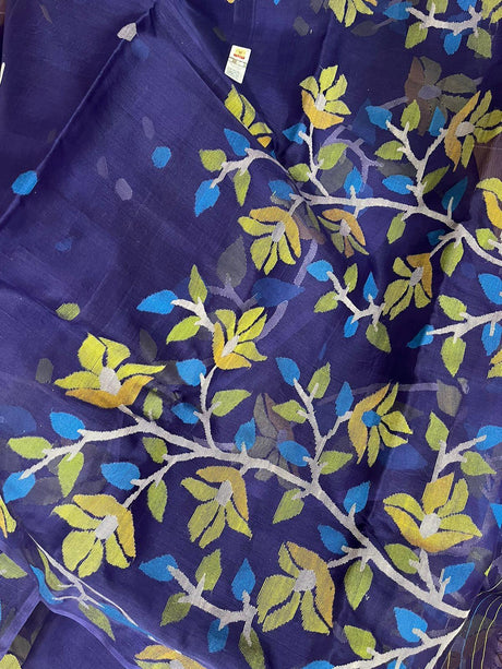 Indigo with multicolour muslin silk floral handwoven jamdani saree - Tamal Boutique