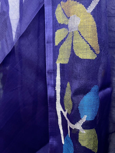 Indigo with multicolour muslin silk floral handwoven jamdani saree - Tamal Boutique