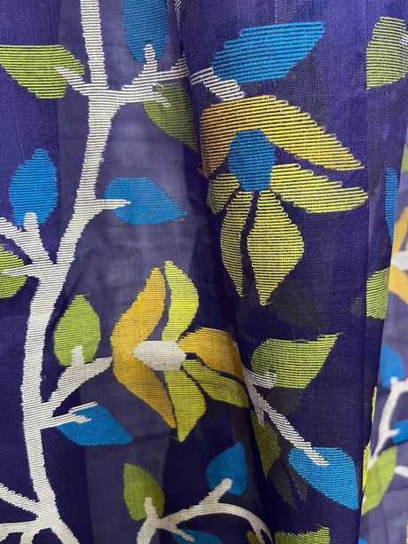 Indigo with multicolour muslin silk floral handwoven jamdani saree - Tamal Boutique