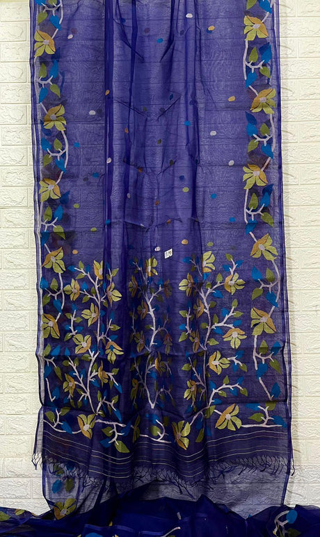 Indigo with multicolour muslin silk floral handwoven jamdani saree - Tamal Boutique