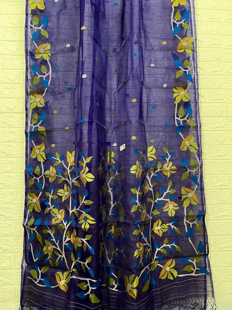 Indigo with multicolour muslin silk floral handwoven jamdani saree - Tamal Boutique