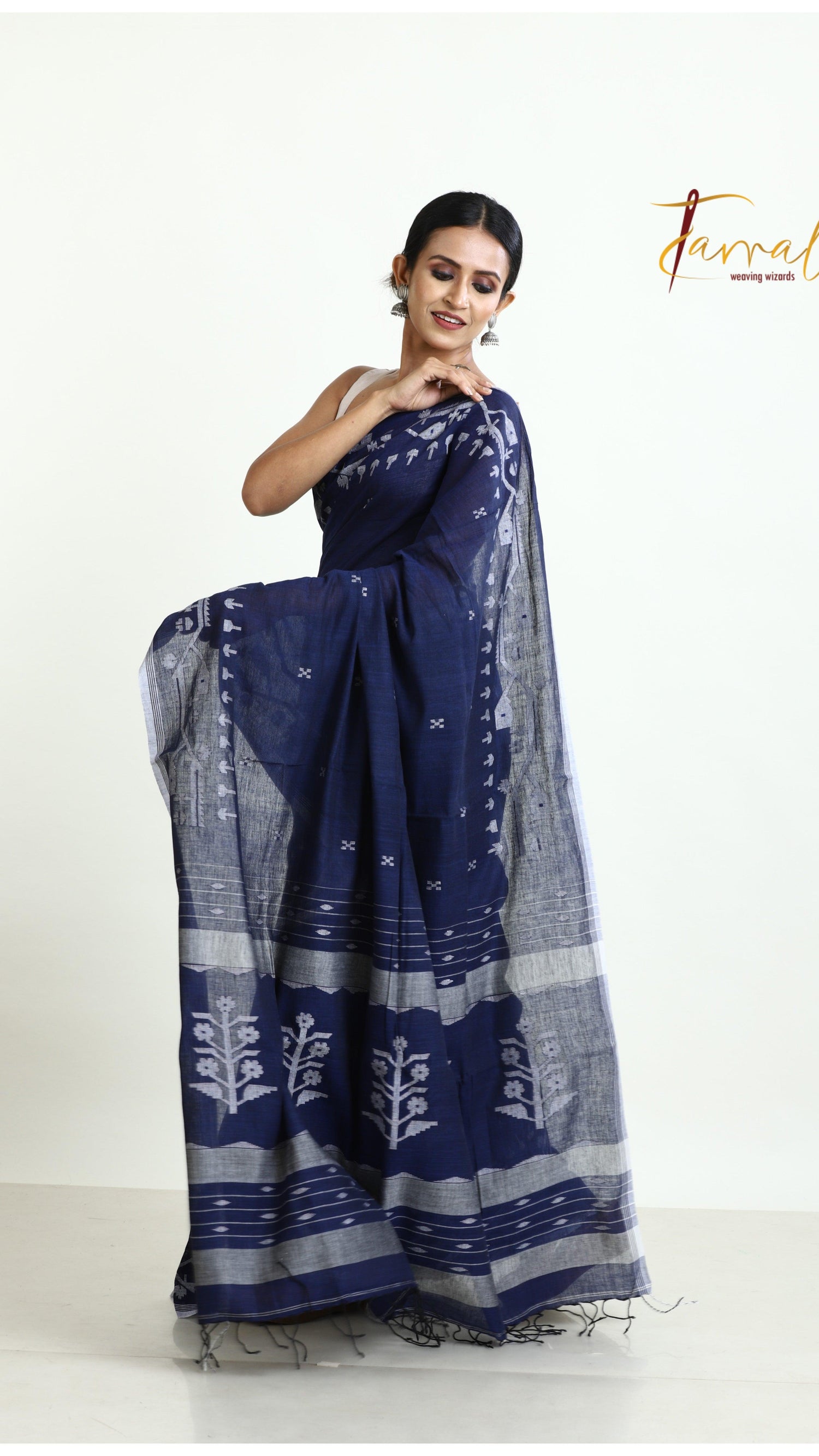 Indigo traditional design pure cotton handwoven jamdani sarees