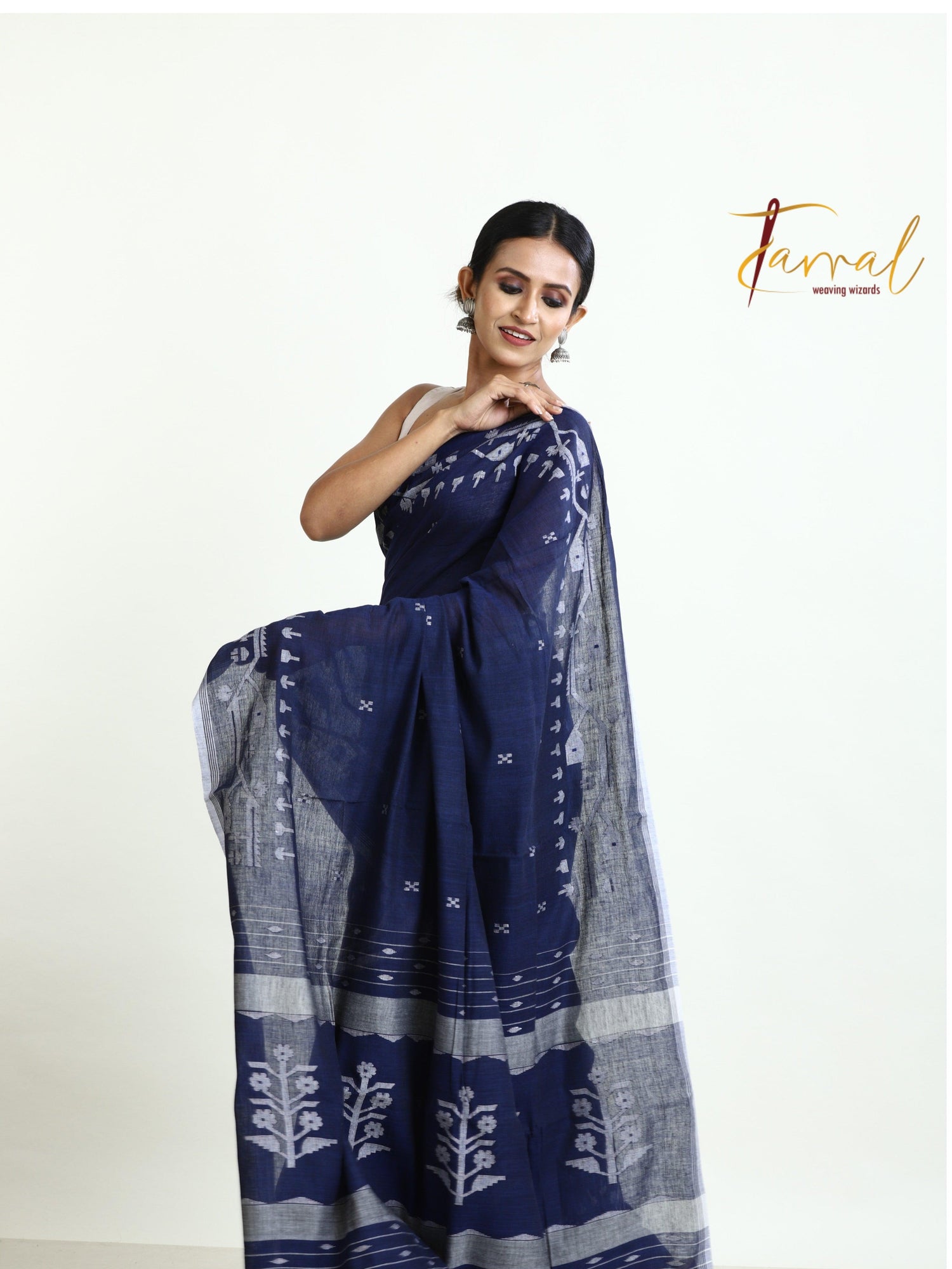 Indigo traditional design pure cotton handwoven jamdani sarees