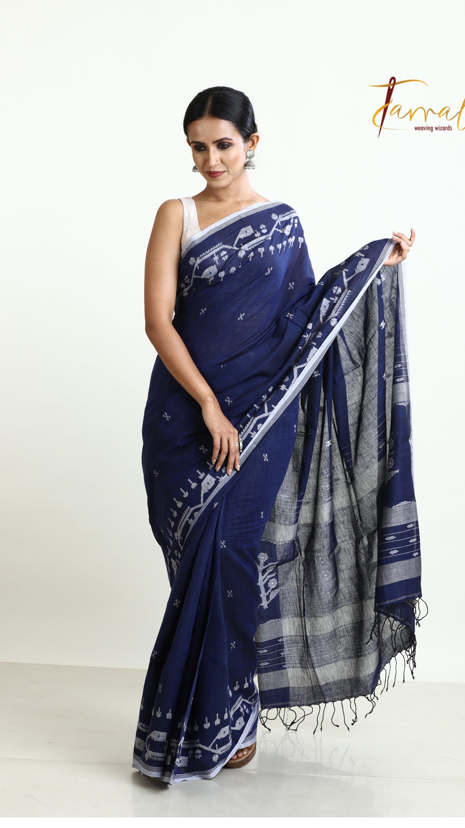 Indigo traditional design pure cotton handwoven jamdani sarees