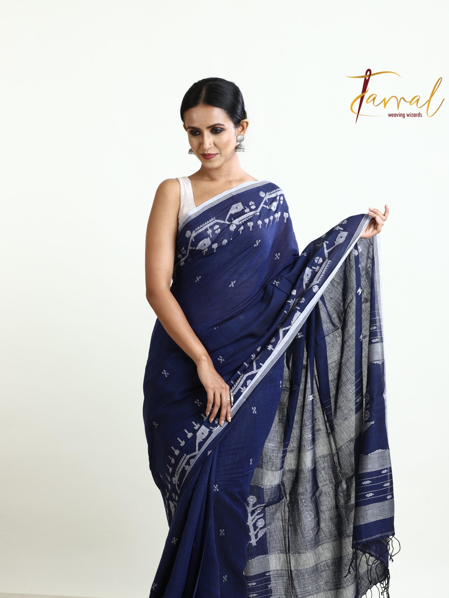 Indigo traditional design pure cotton handwoven jamdani sarees