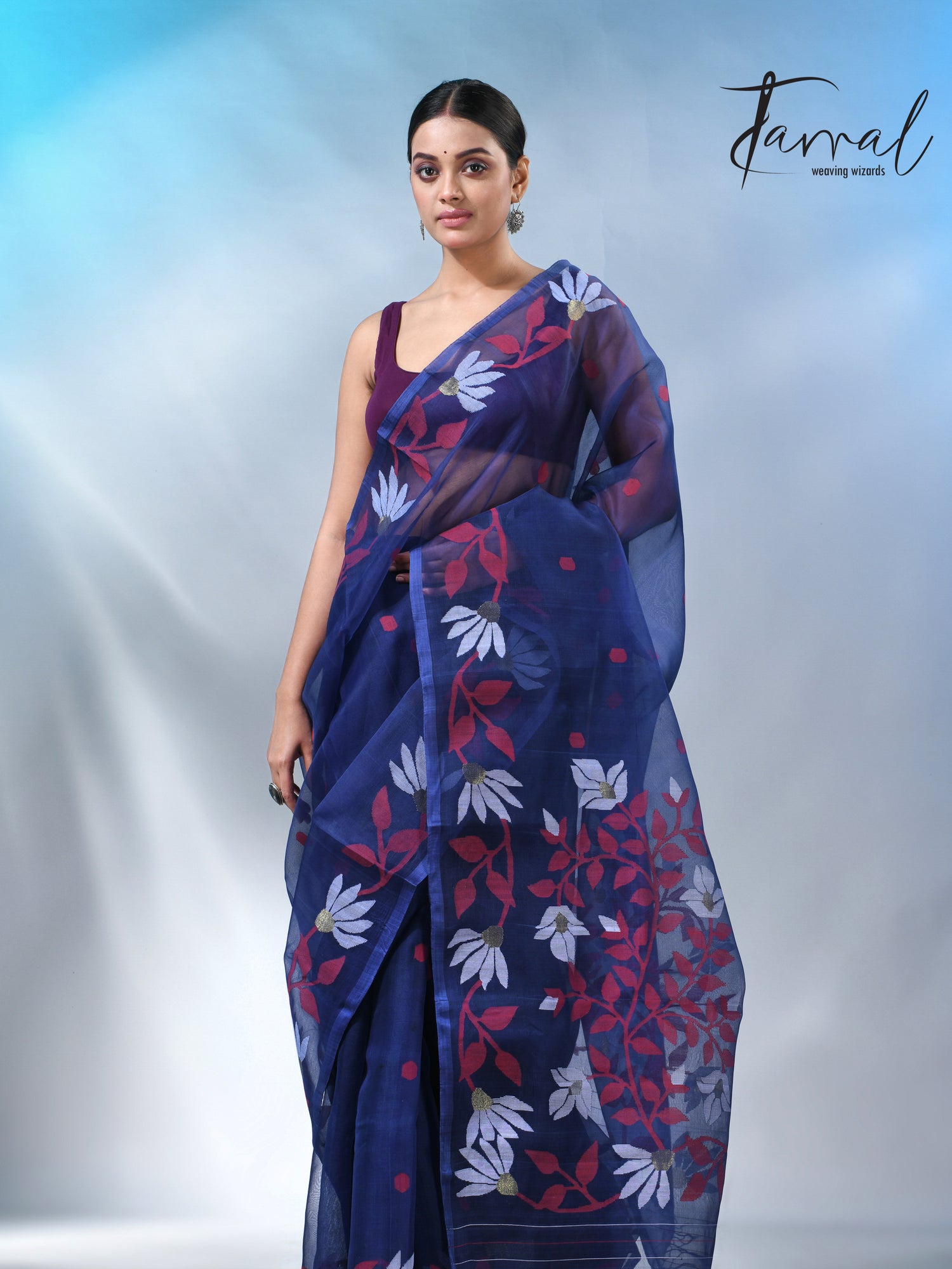 Indigo with floral design handwoven muslin silk jamdani saree
