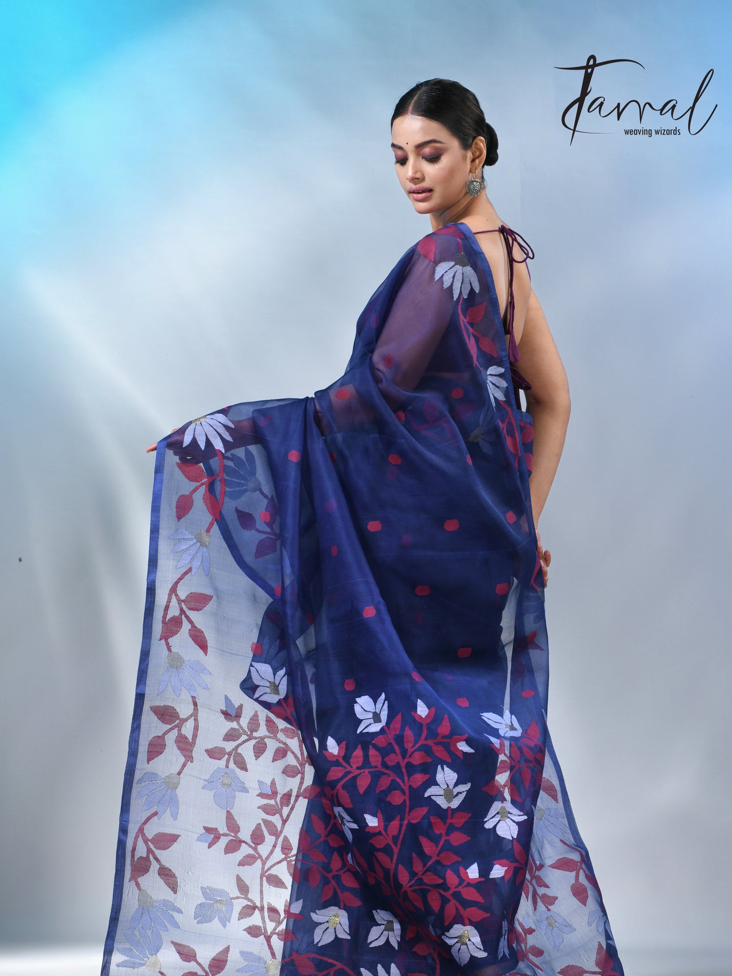 Indigo with floral design handwoven muslin silk jamdani saree