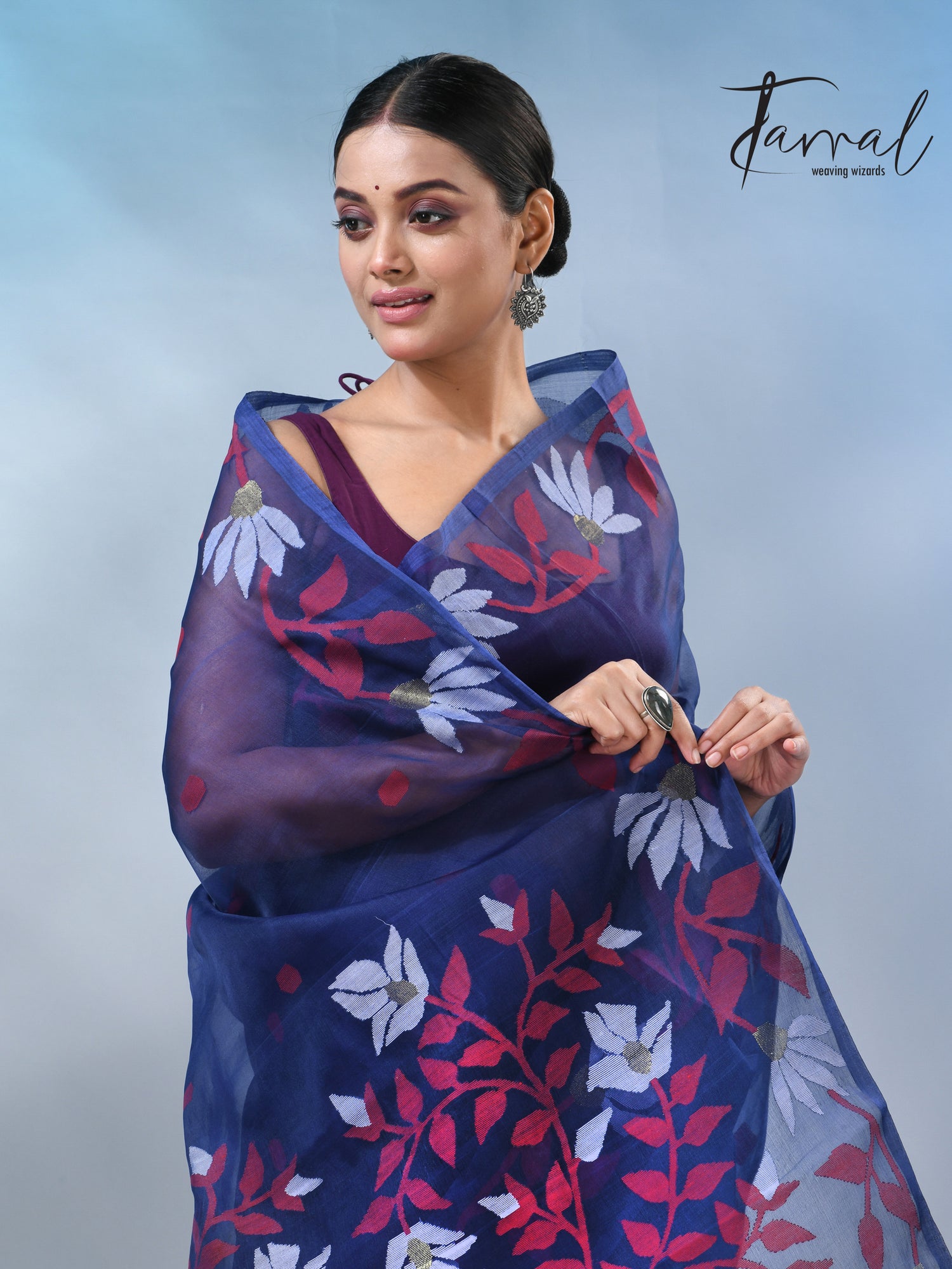 Indigo with floral design handwoven muslin silk jamdani saree