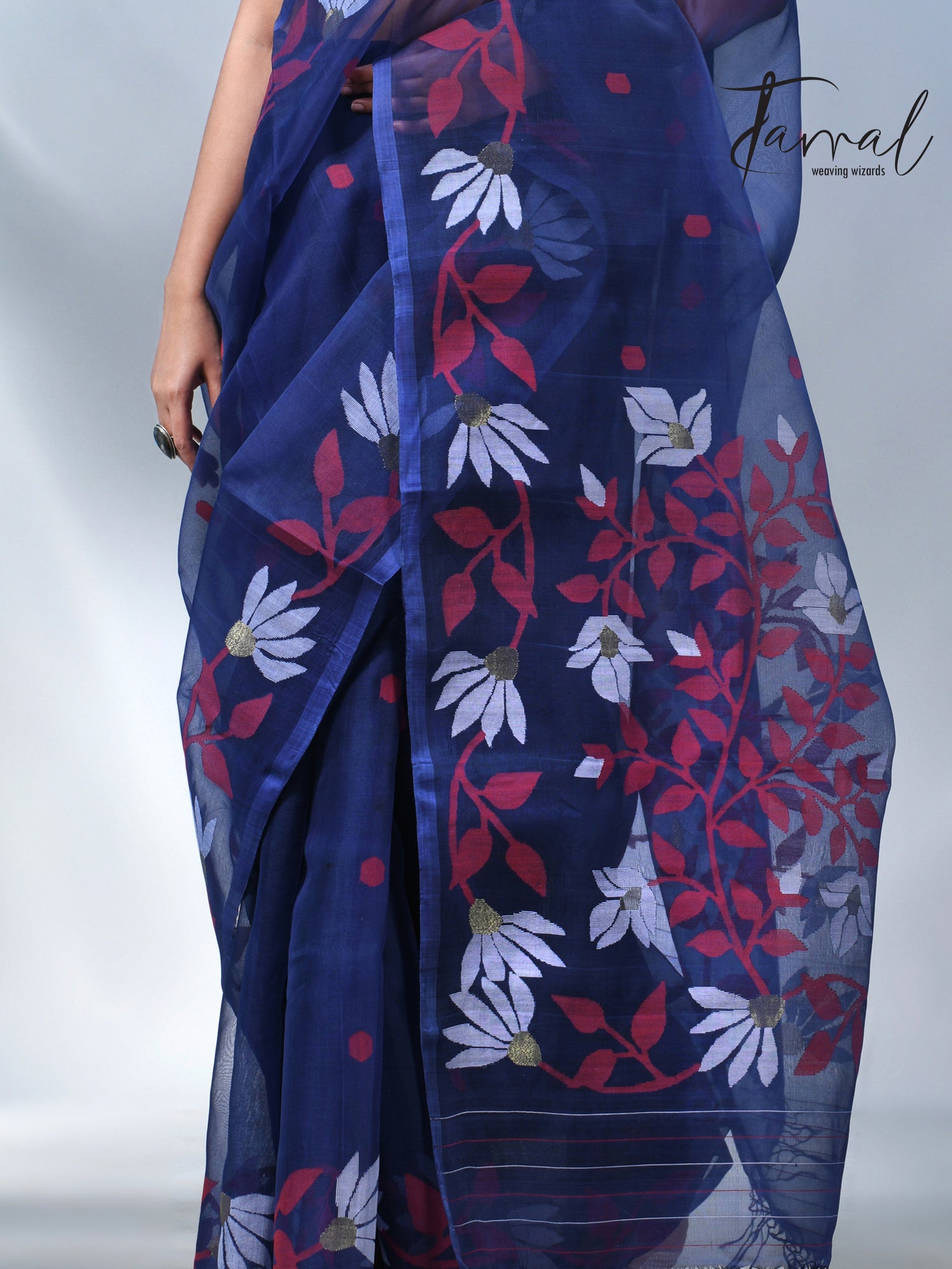 Indigo with floral design handwoven muslin silk jamdani saree