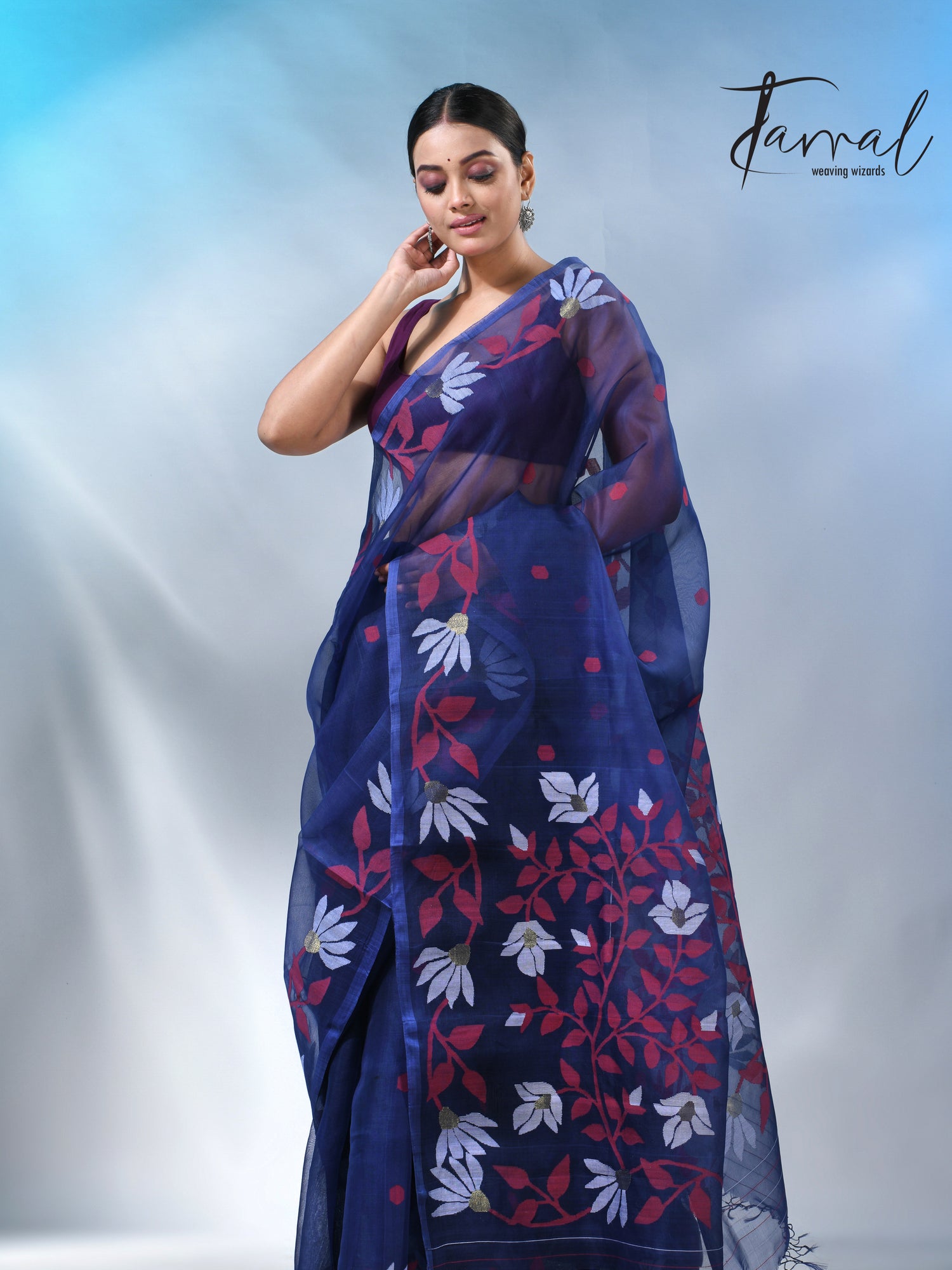Indigo with floral design handwoven muslin silk jamdani saree
