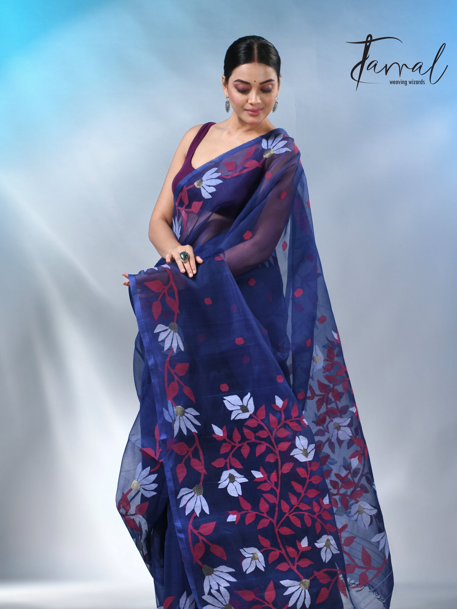 Indigo with floral design handwoven muslin silk jamdani saree