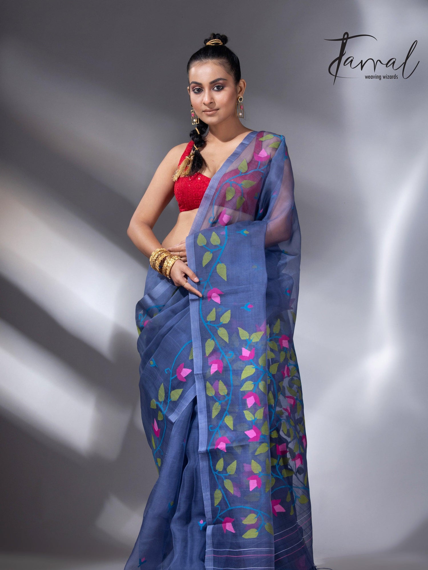 Indigo with multi colour muslin silk floral handwoven jamdani saree