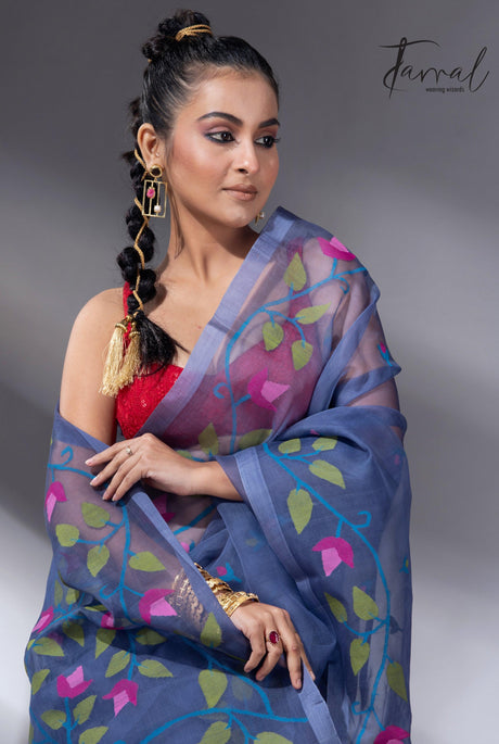 Indigo with multi colour muslin silk floral handwoven jamdani saree1