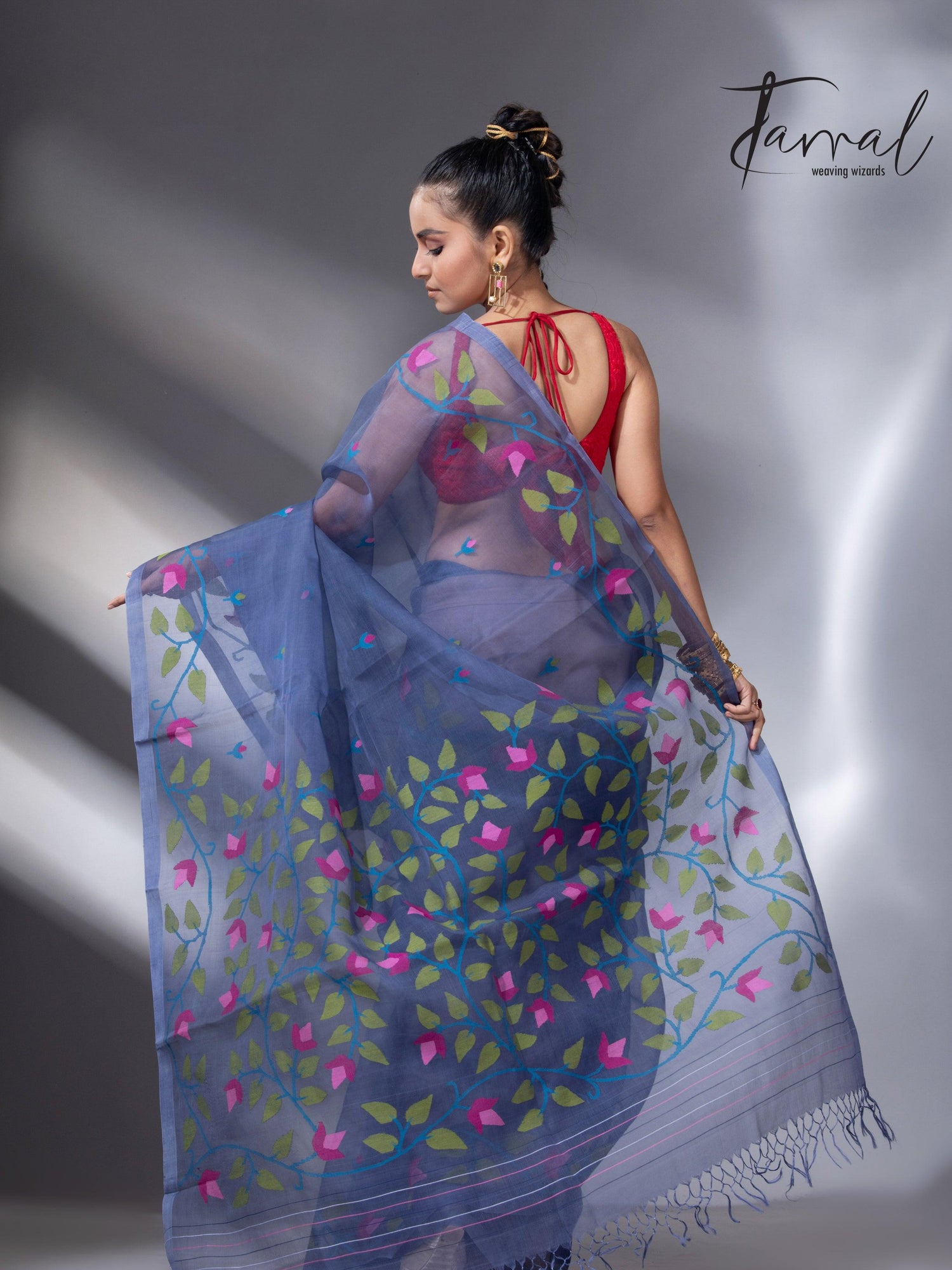 Indigo with multi colour muslin silk floral handwoven jamdani saree back