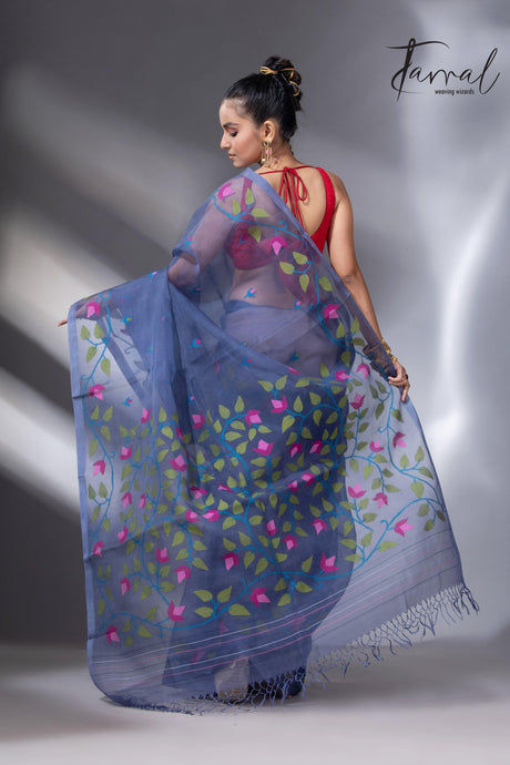 Indigo with multi colour muslin silk floral handwoven jamdani saree back