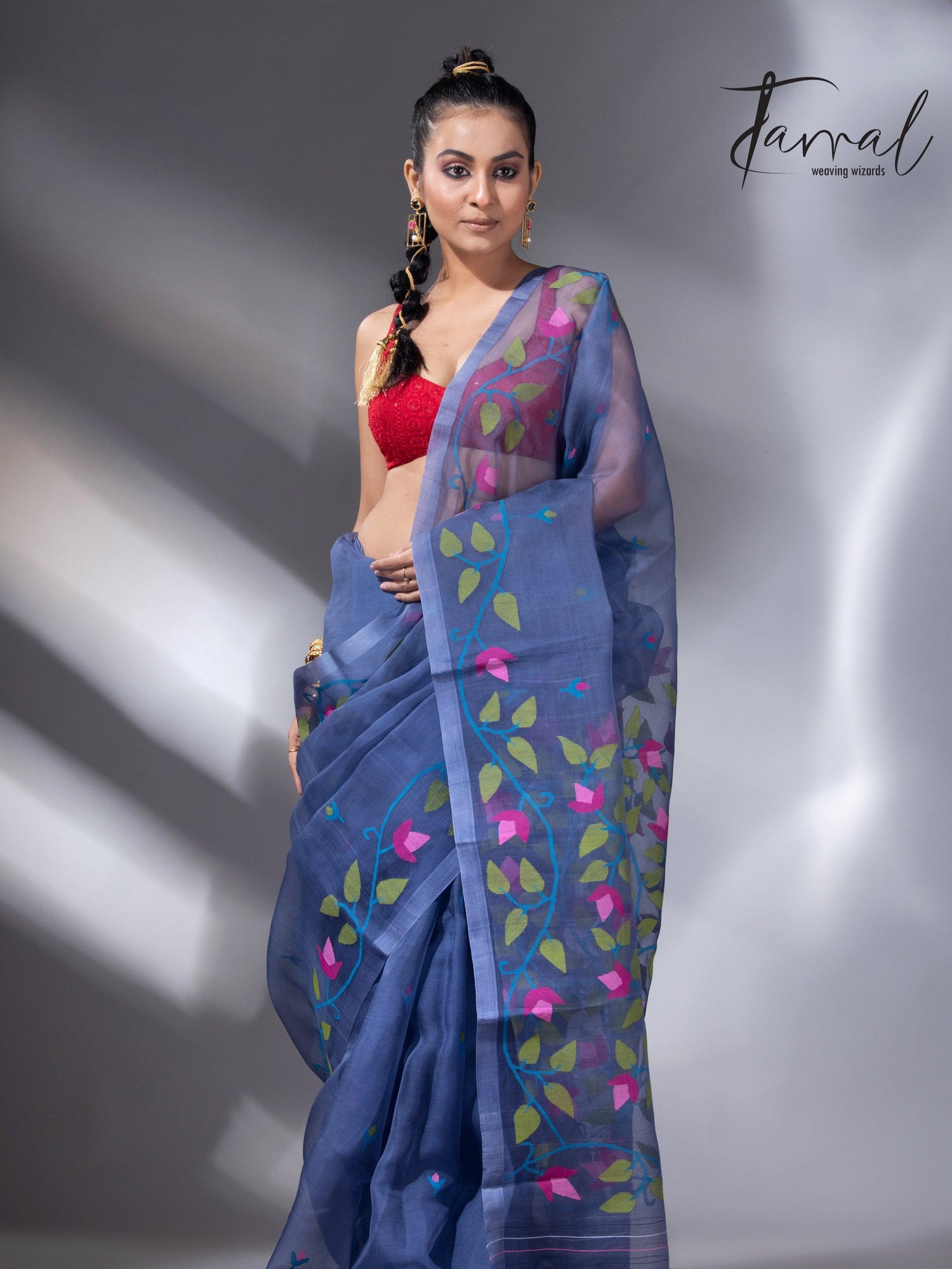 Indigo with multi colour muslin silk floral handwoven jamdani saree full2