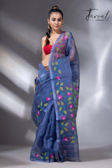 Indigo with multi colour muslin silk floral handwoven jamdani saree full2