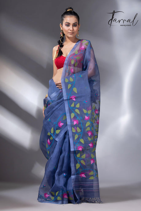 Indigo with multi colour muslin silk floral handwoven jamdani saree full2