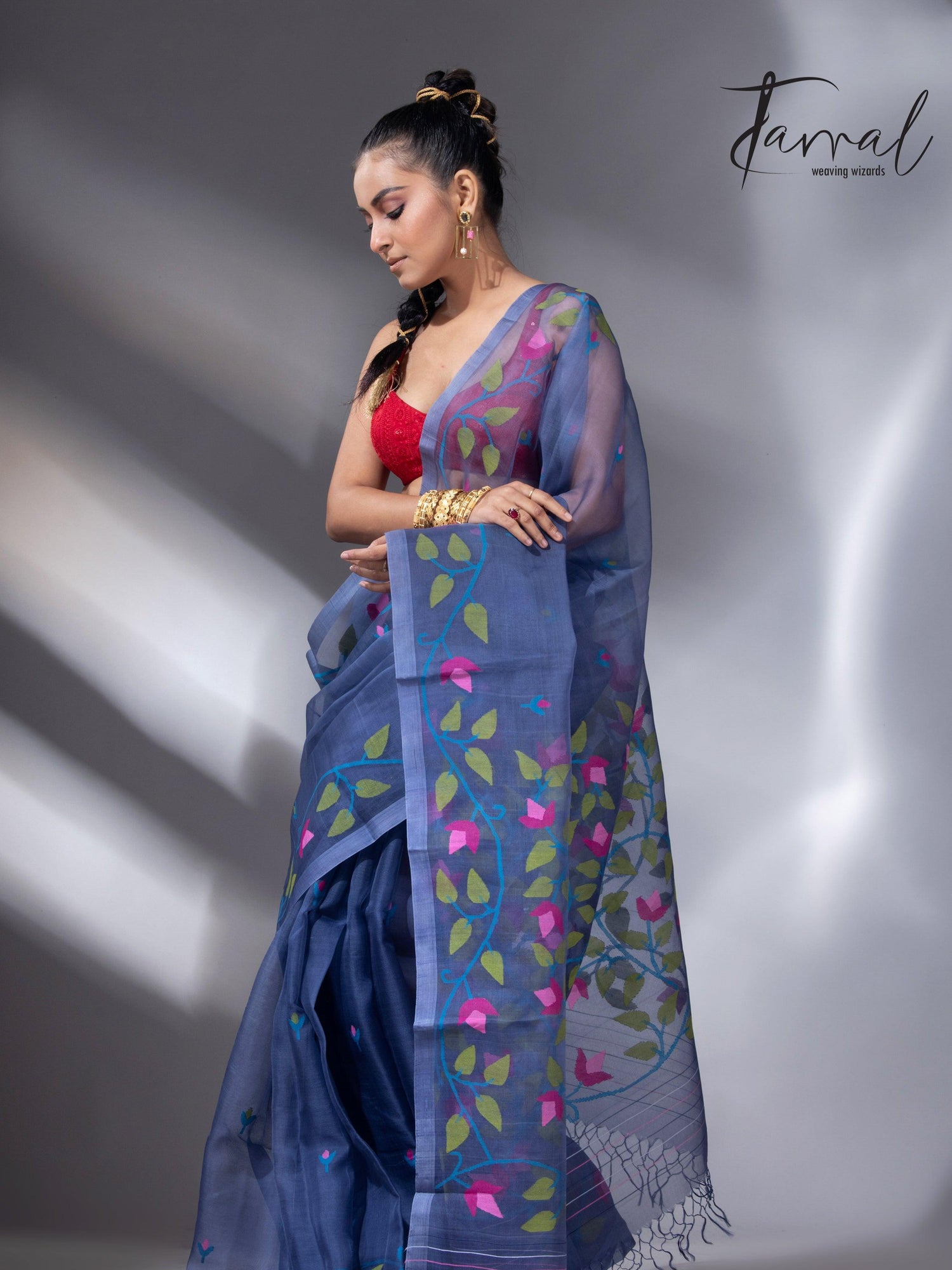 Indigo with multi colour muslin silk floral handwoven jamdani saree left
