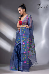 Indigo with multi colour muslin silk floral handwoven jamdani saree left