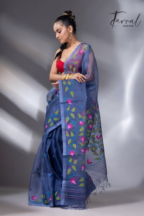 Indigo with multi colour muslin silk floral handwoven jamdani saree left