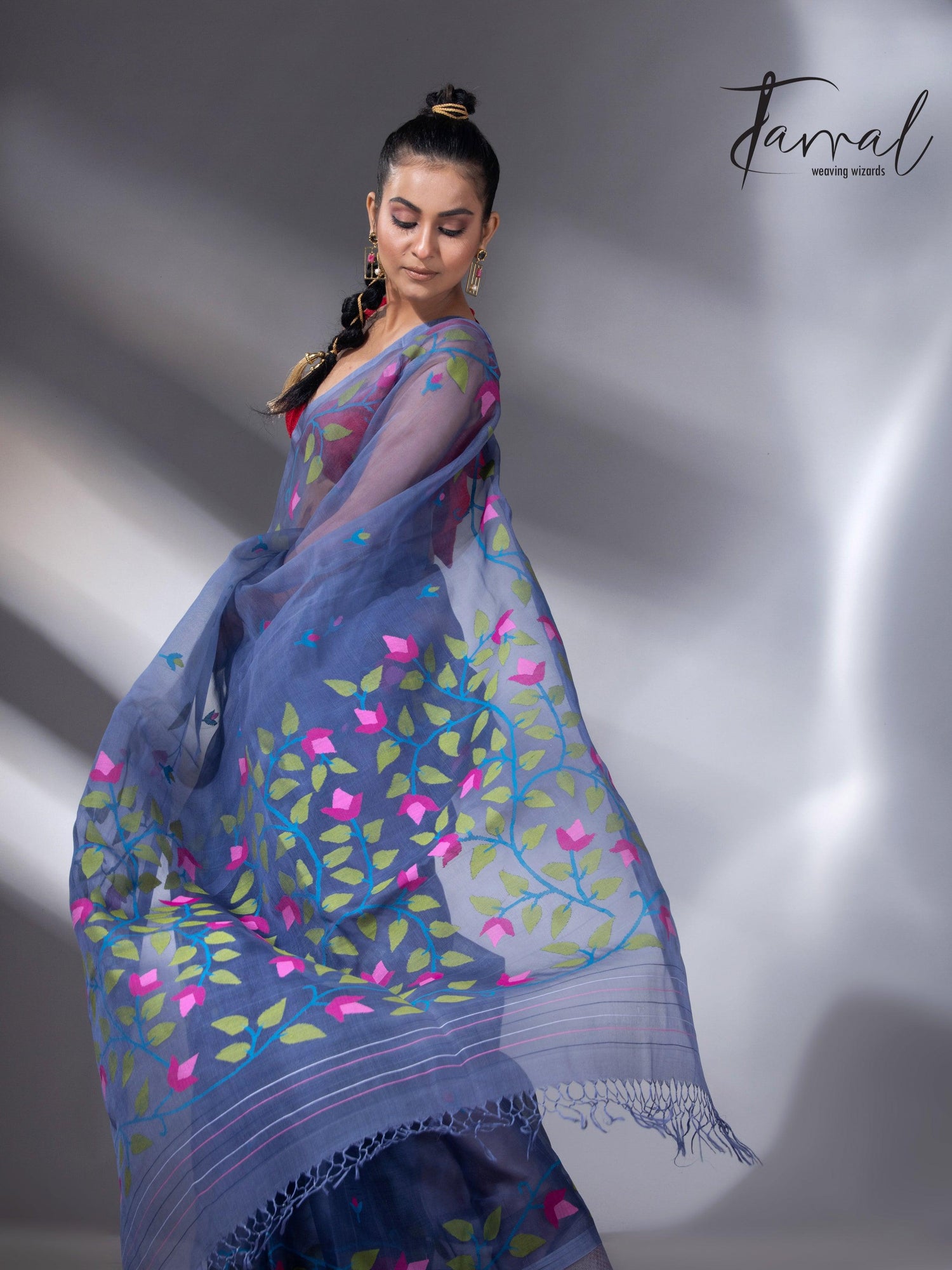 Indigo with multi colour muslin silk floral handwoven jamdani saree right