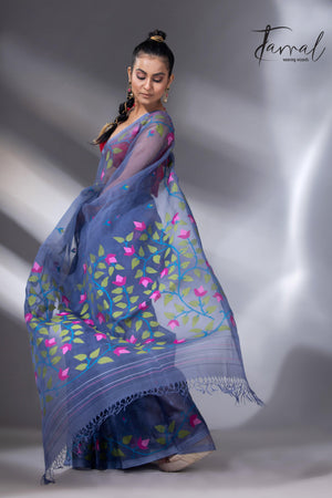 Indigo with multi colour muslin silk floral handwoven jamdani saree right