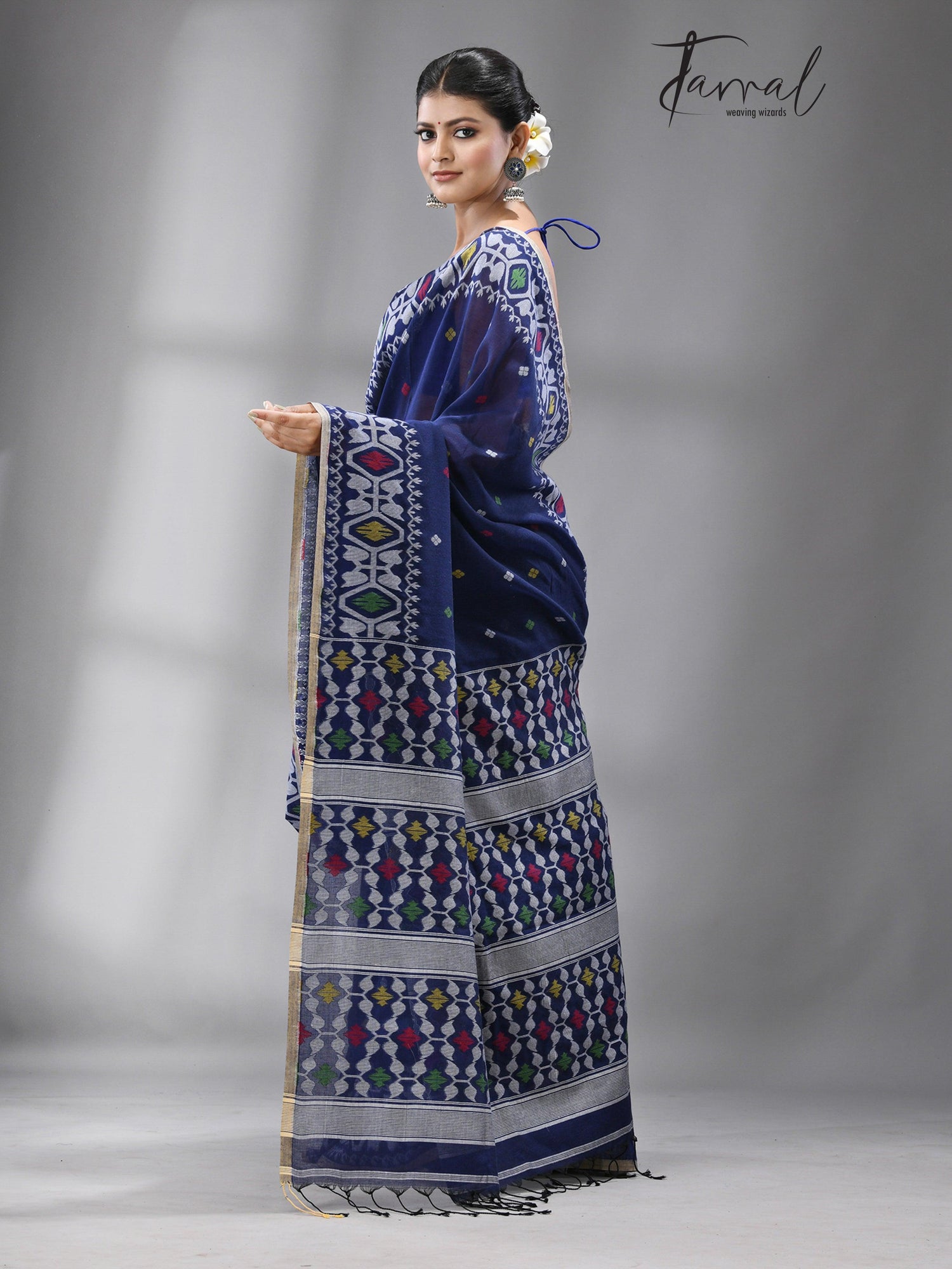 Indigo with multicolour fulia cotton handloom jamdani saree - Tamal Boutique