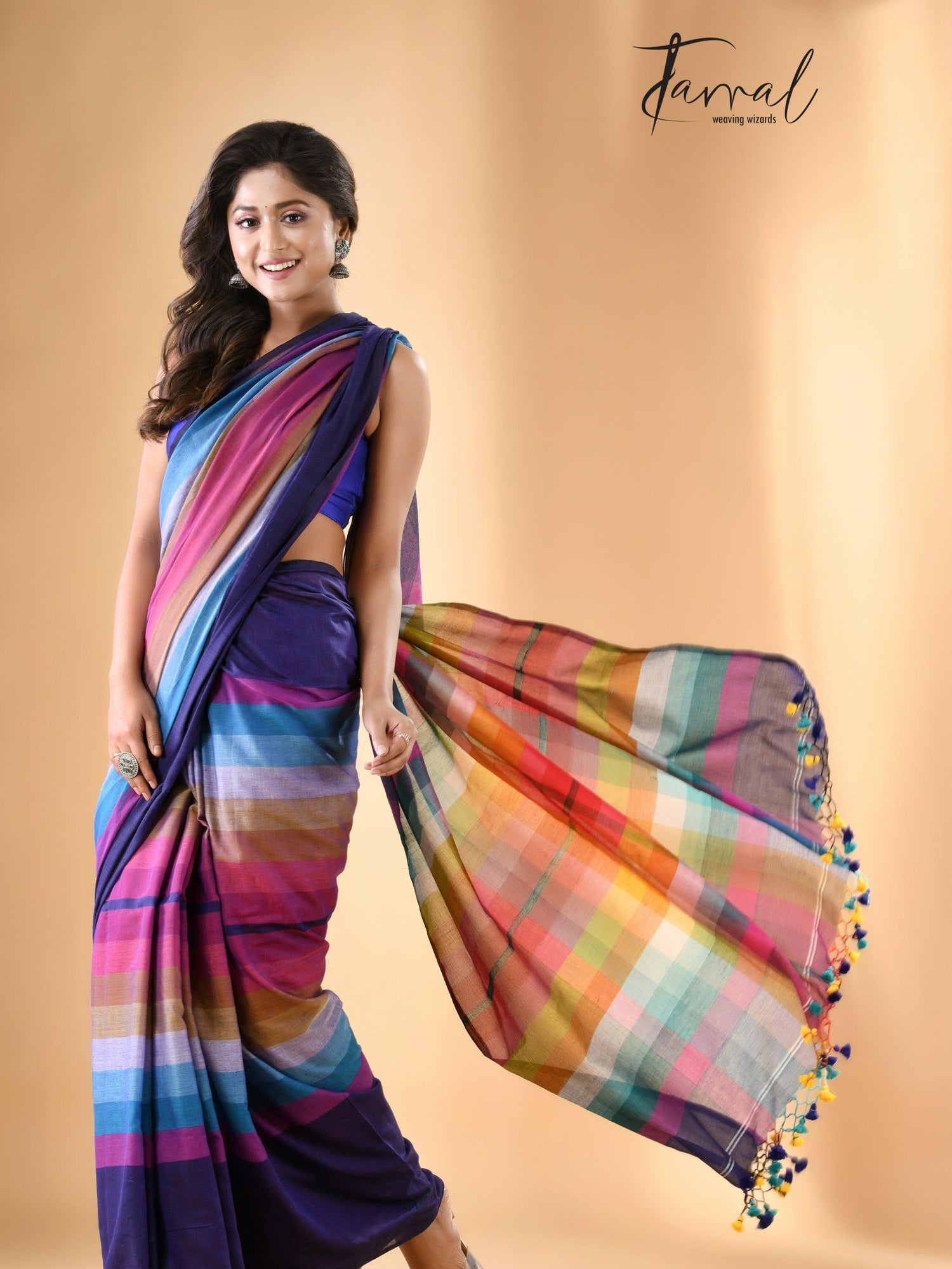 Indigo with rainbow colour combination mul cotton handloom saree