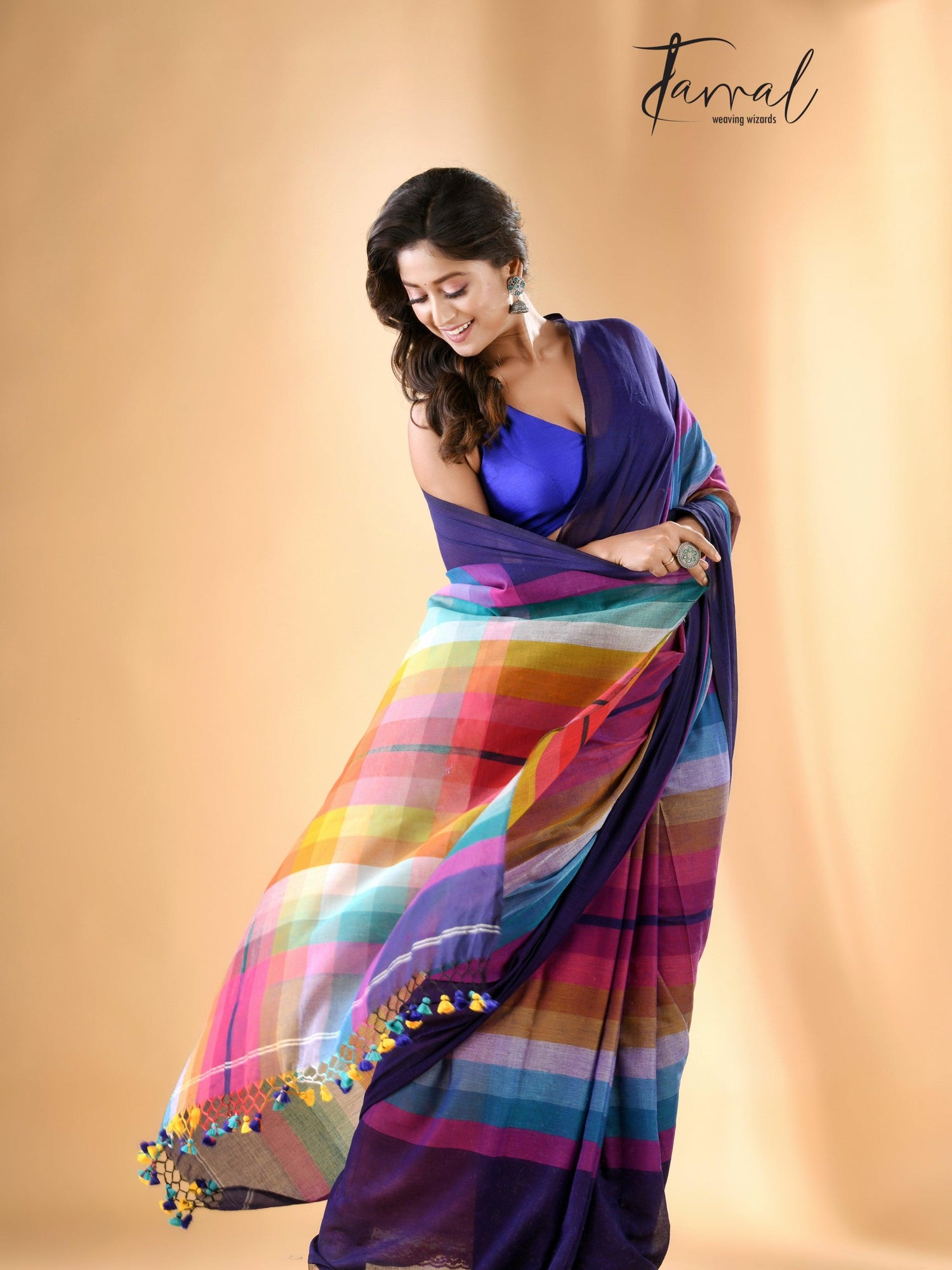 Indigo with rainbow colour combination mul cotton handloom saree