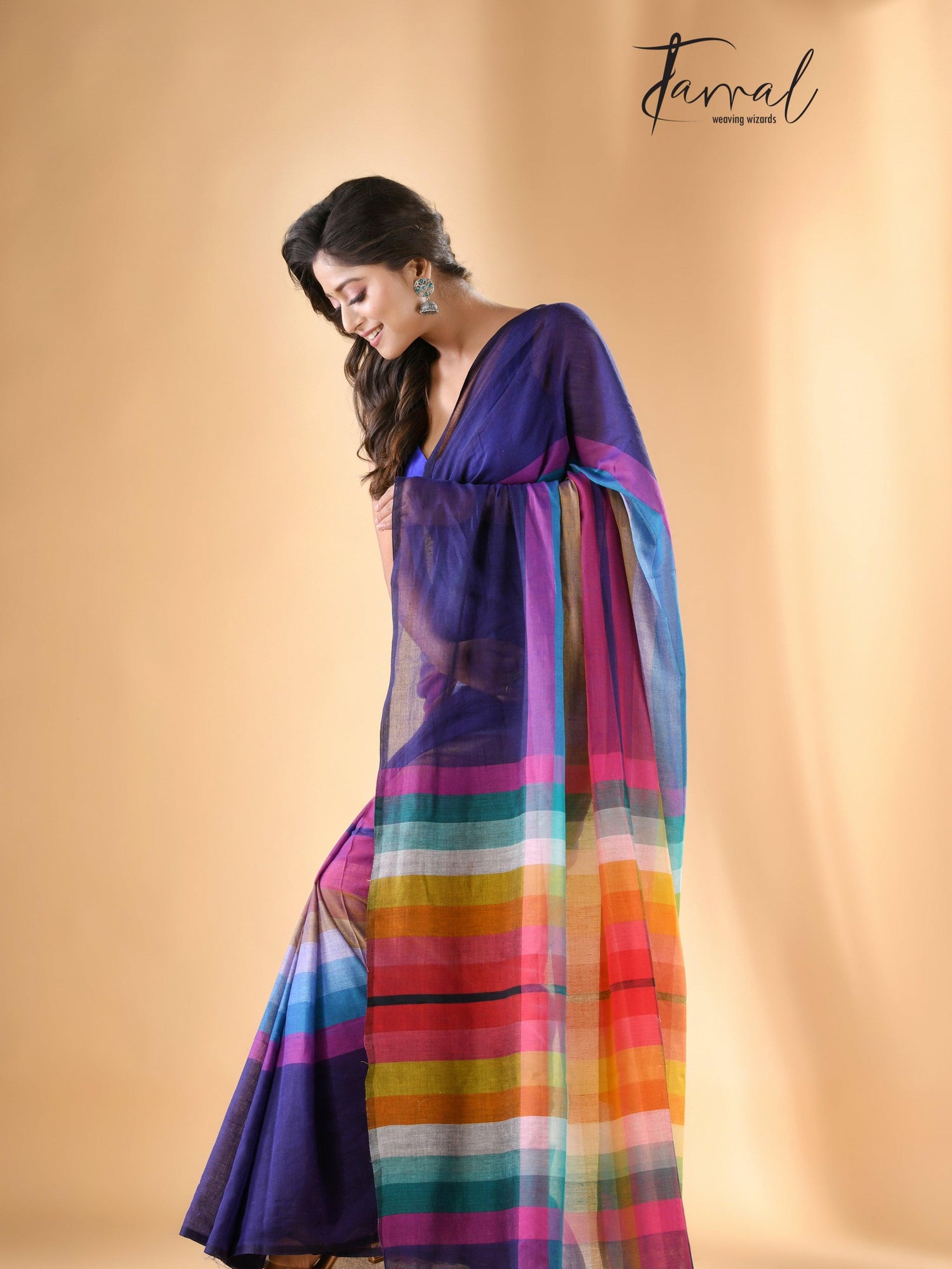 Indigo with rainbow colour combination mul cotton handloom saree