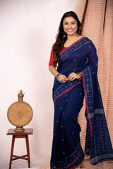 Indigo with red border pure cotton handwoven jamdani saree