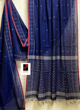Indigo with red border pure cotton handwoven jamdani saree