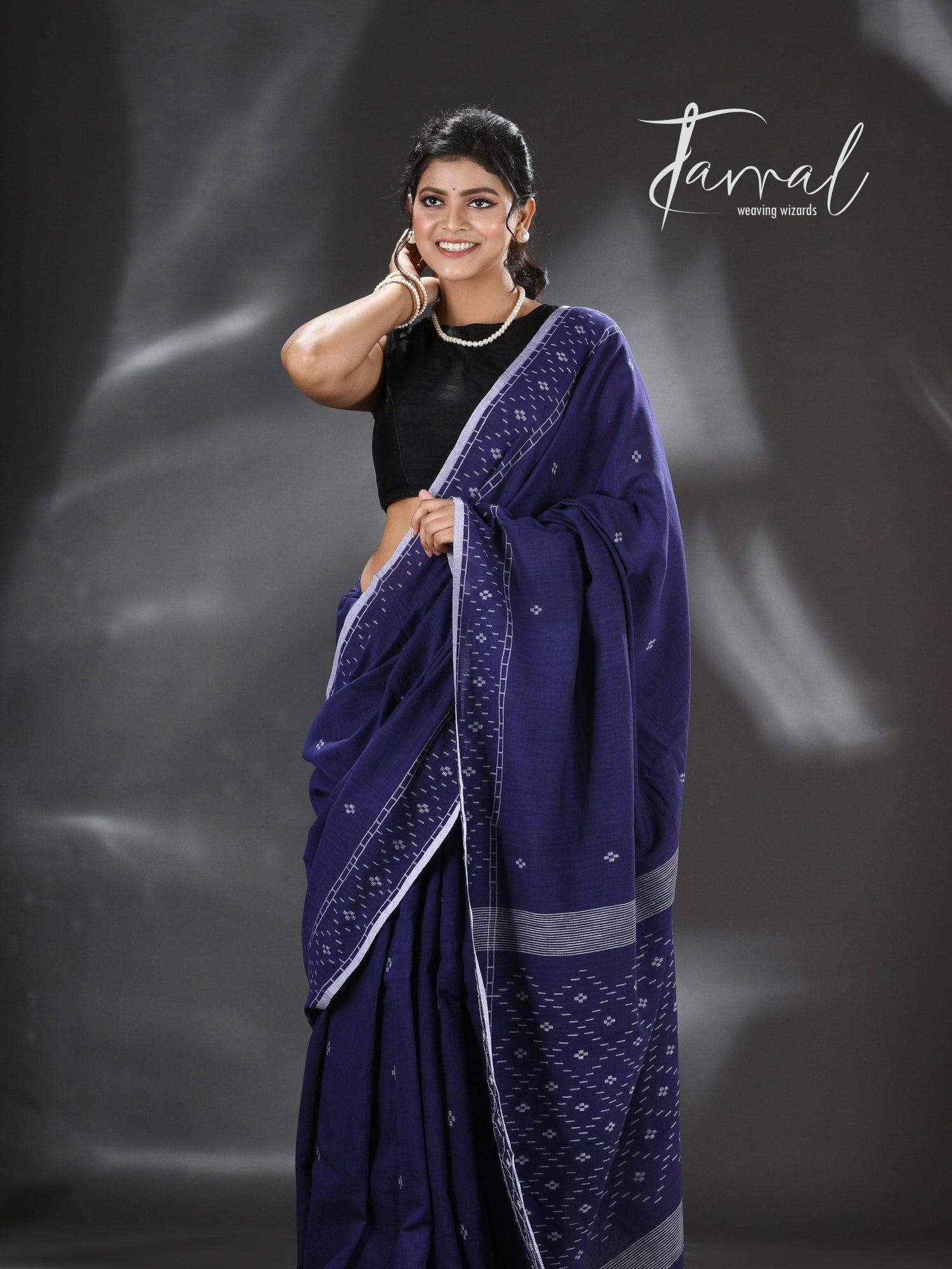 Indigo with white border pure cotton handwoven jamdani saree