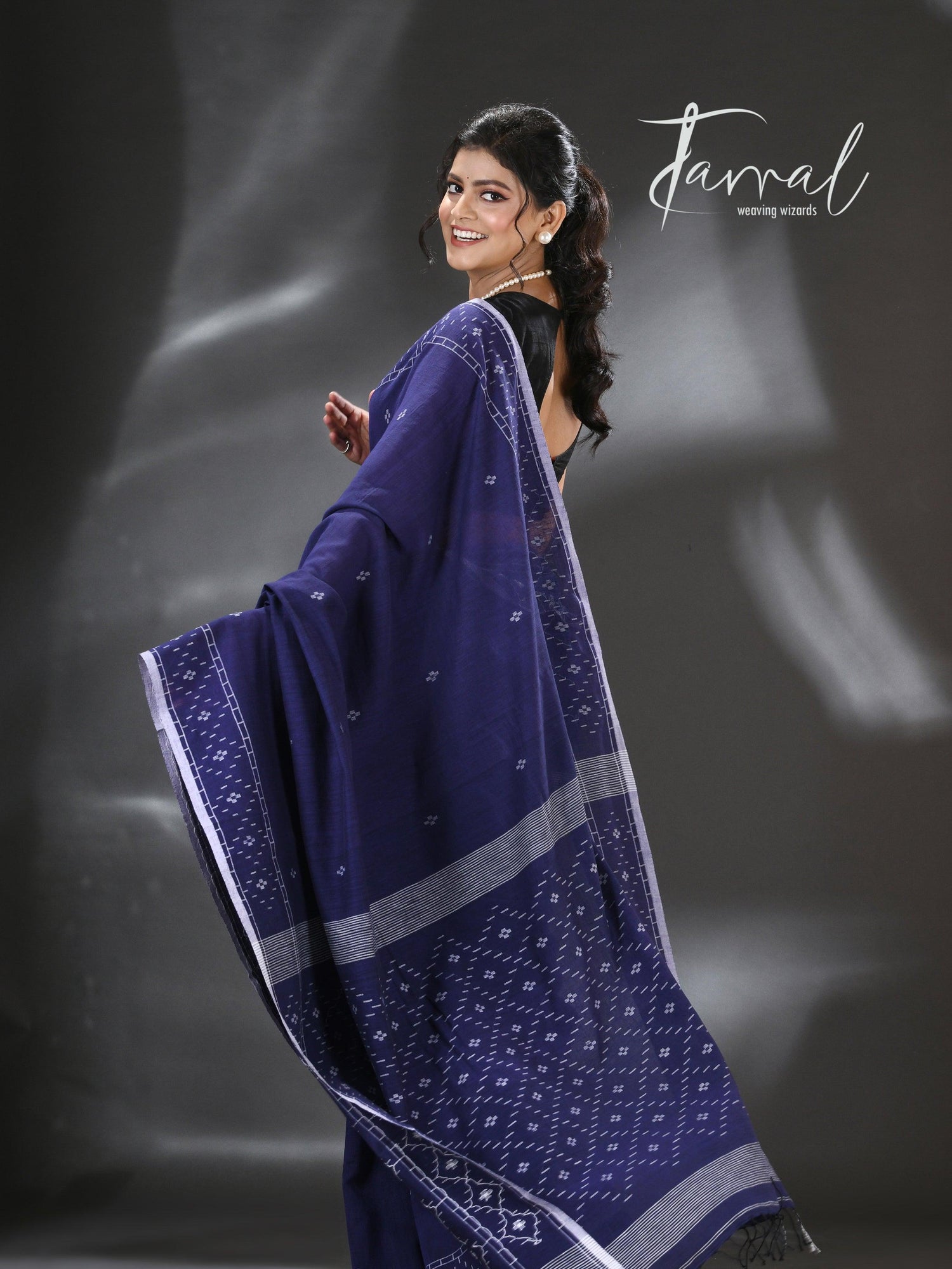 Indigo with white border pure cotton handwoven jamdani saree
