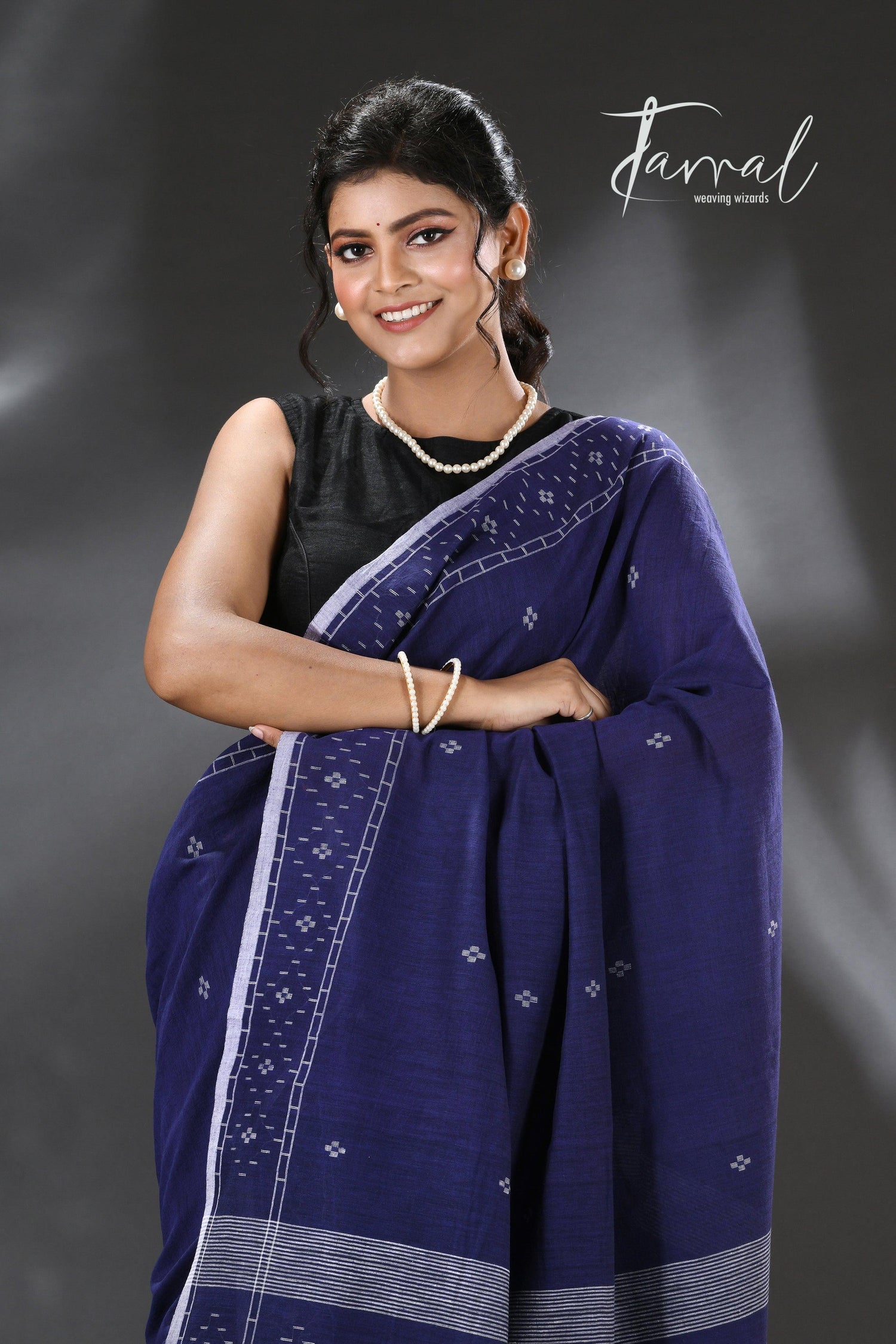 Indigo with white border pure cotton handwoven jamdani saree