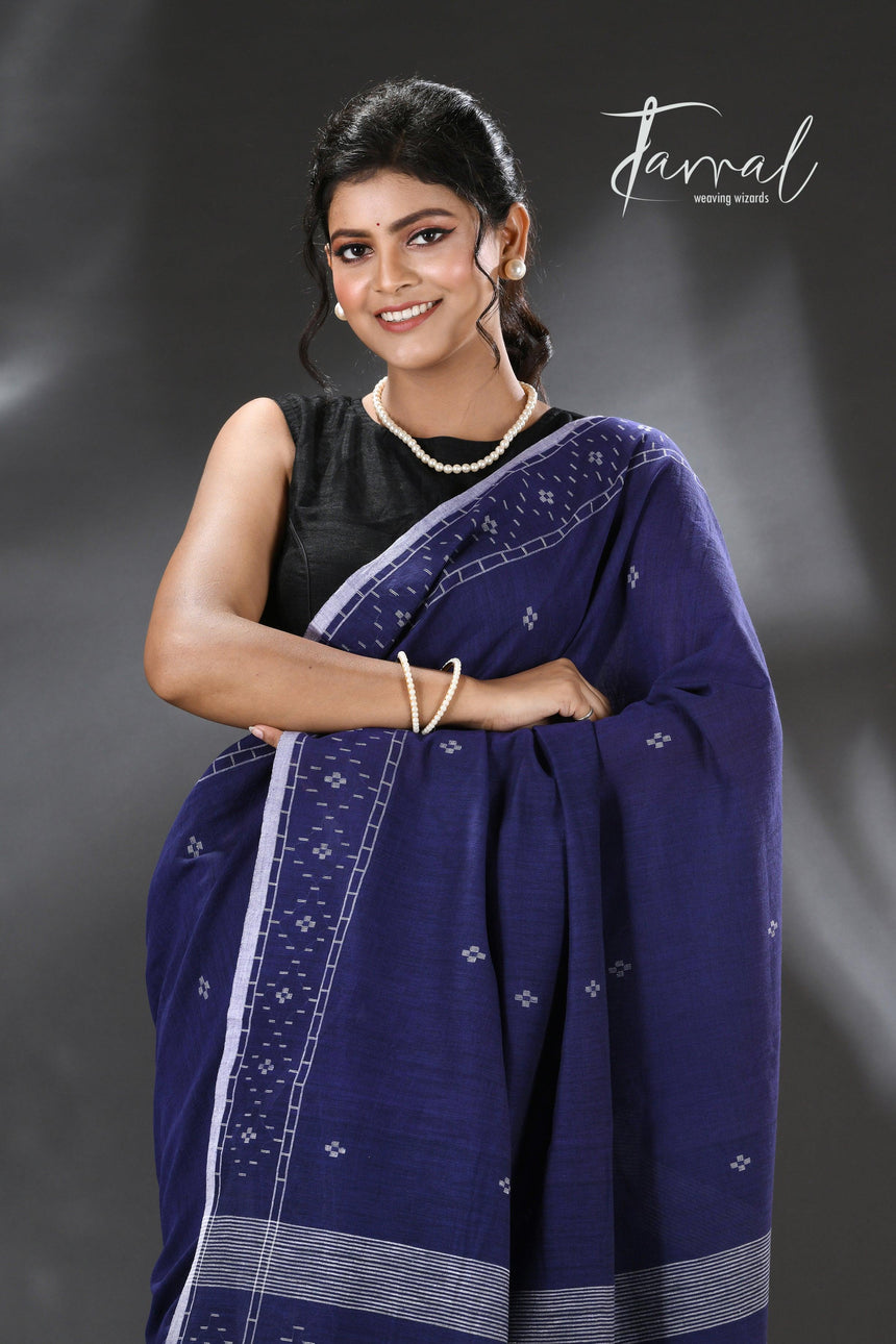 Indigo with white border pure cotton handwoven jamdani saree