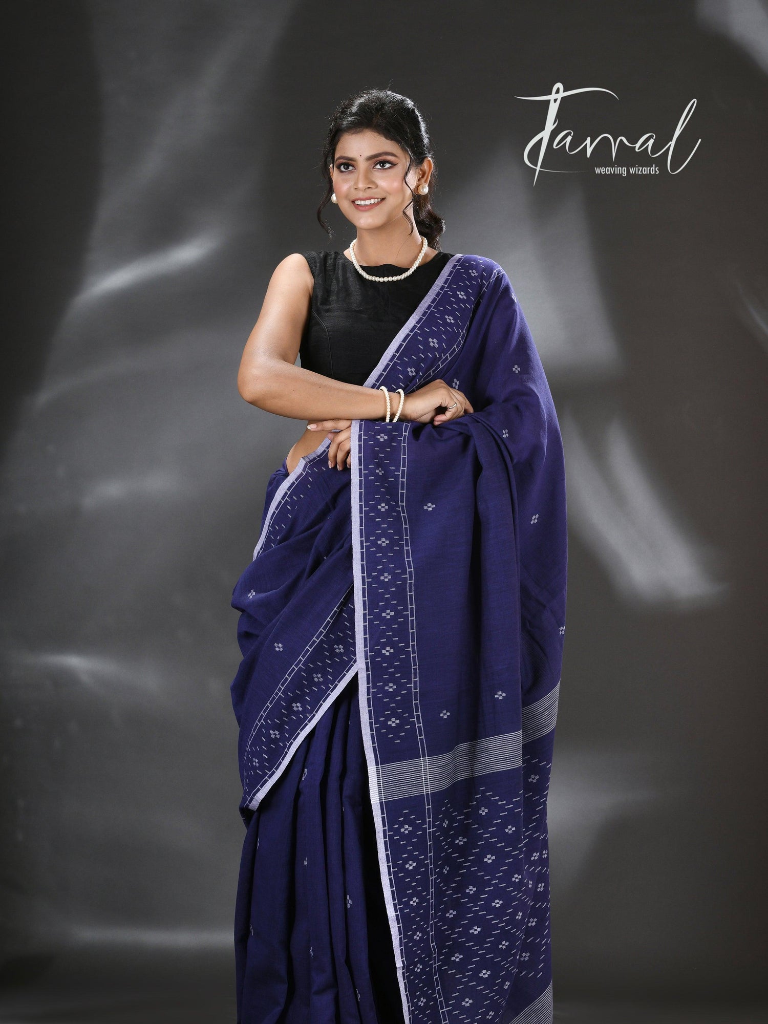 Indigo with white border pure cotton handwoven jamdani saree