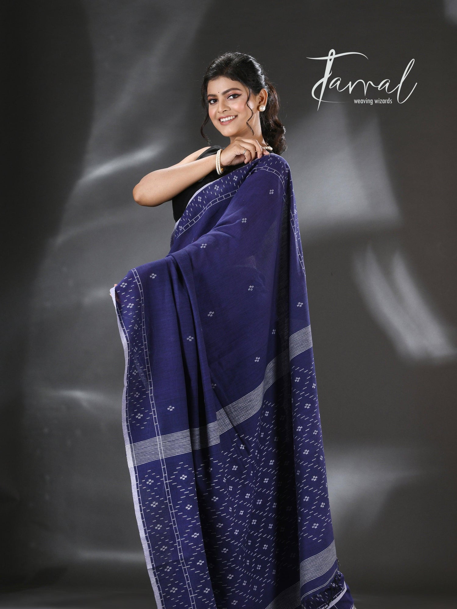 Indigo with white border pure cotton handwoven jamdani saree