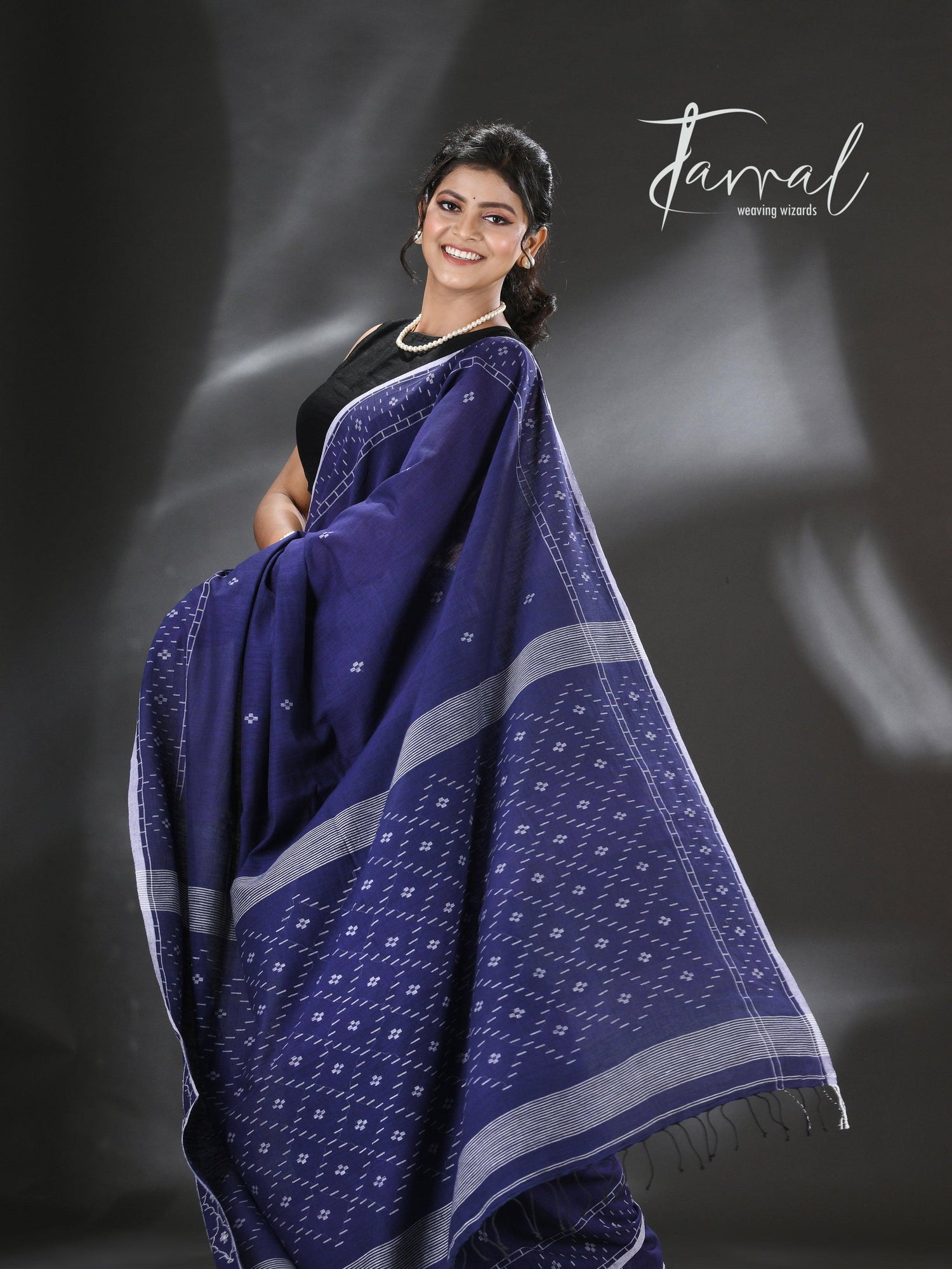 Indigo with white border pure cotton handwoven jamdani saree