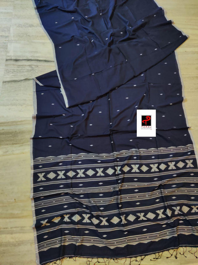 Indigo with white pure cotton handwoven jamdani saree - Tamal Boutique