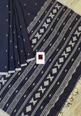 Indigo with white pure cotton handwoven jamdani saree - Tamal Boutique