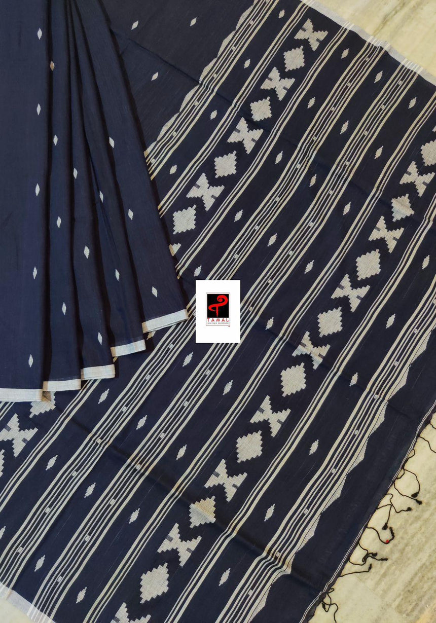 Indigo with white pure cotton handwoven jamdani saree - Tamal Boutique