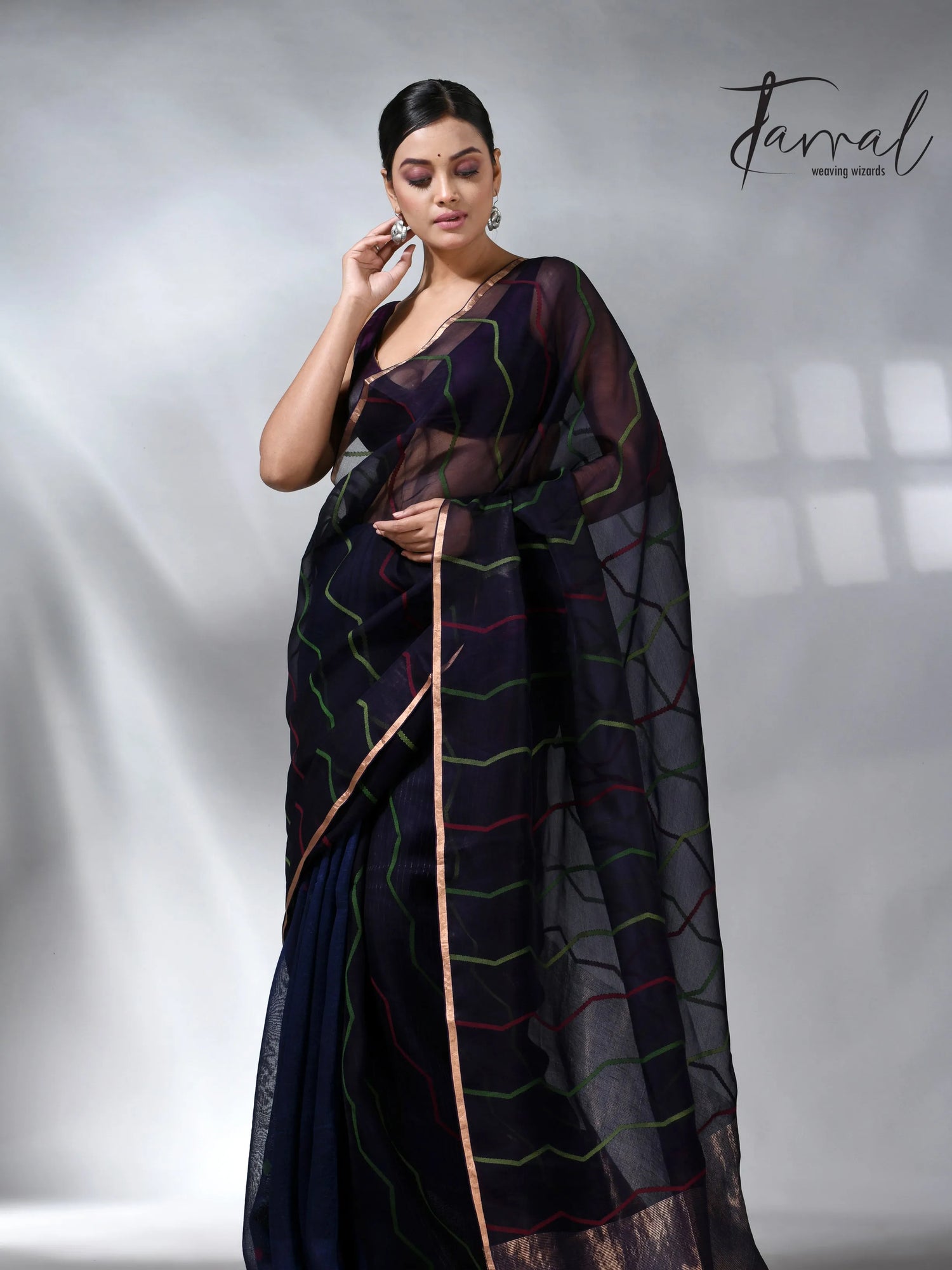 Indigo_with_zari_half_silk_linen_handwoven_jamdani_saree