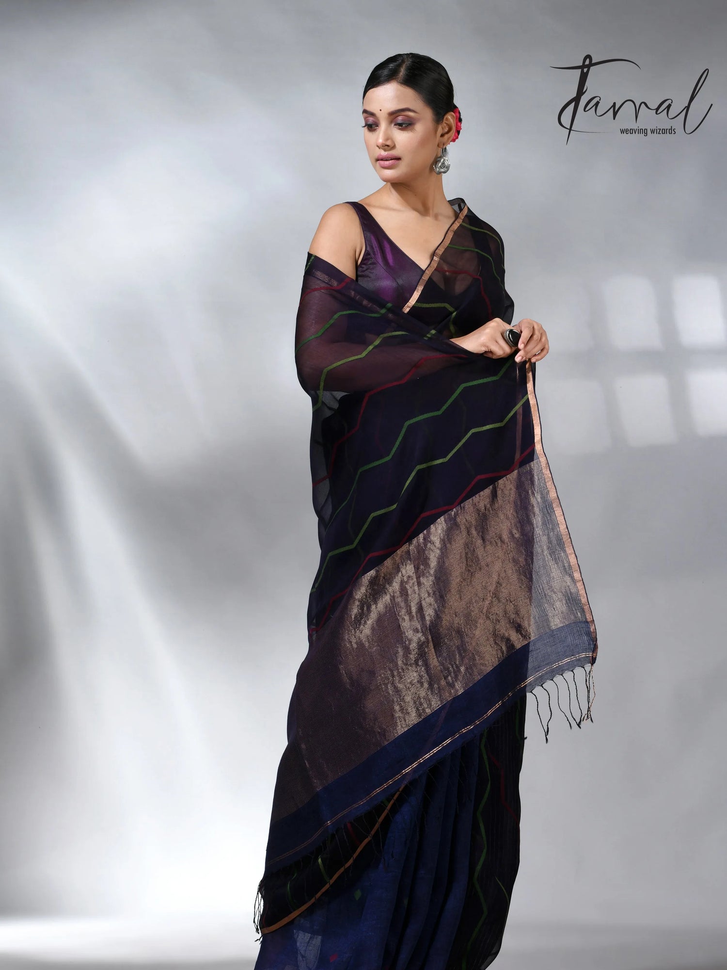 Indigo_with_zari_half_silk_linen_handwoven_jamdani_saree