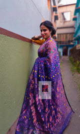 Indigo with multi colour zari soft dhakai jamdani saree - Tamal Boutique