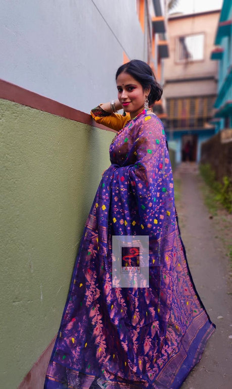 Indigo with multi colour zari soft dhakai jamdani saree - Tamal Boutique