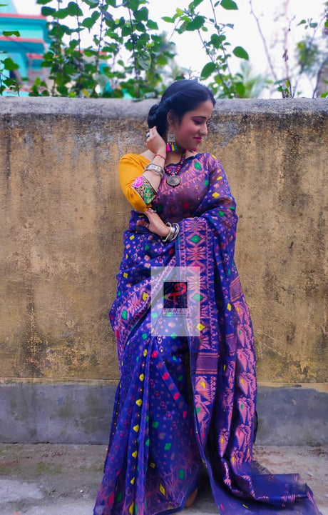 Indigo with multi colour zari soft dhakai jamdani saree - Tamal Boutique