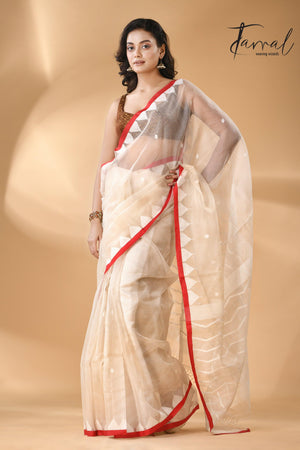 Ivory White Muslin Silk Handwoven Needlework Jamdani Saree Temple Border